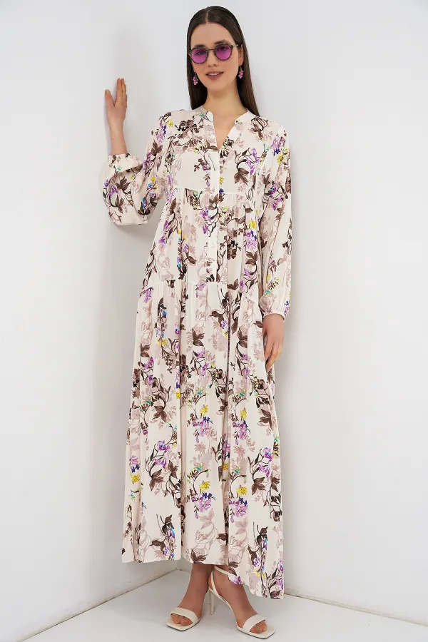 Women's Patterned Long Hijab Dress 2585 - I. Brown