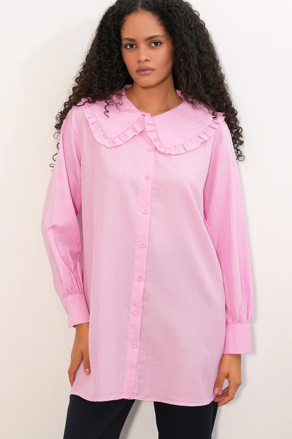 Women's Wide Collar Ruffle Detail Striped Tunic Shirt 5993 - Pink