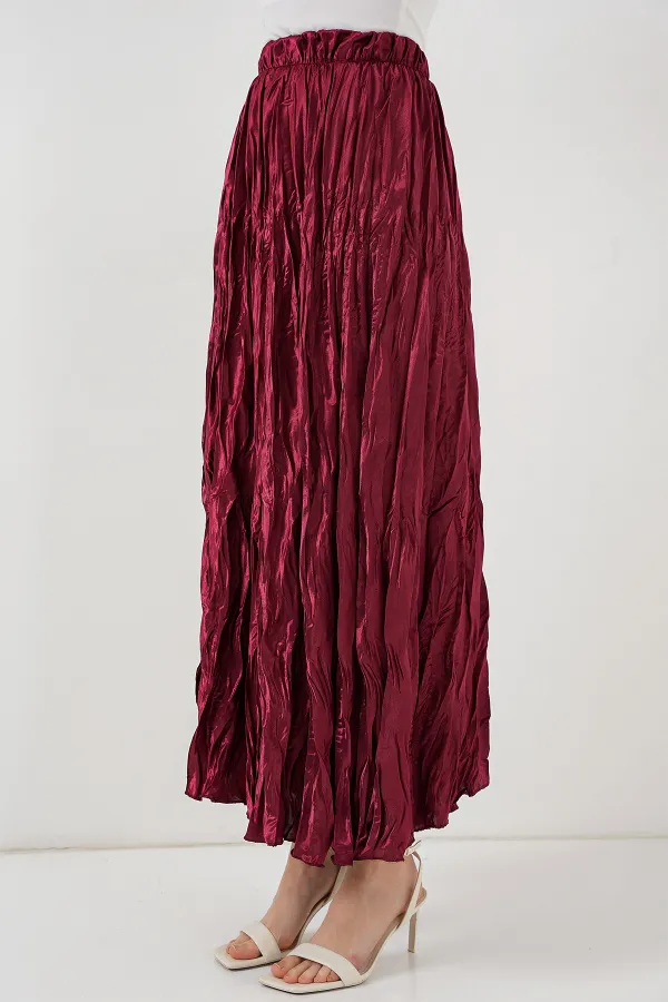 Jupe longue froissée brillante pour femme 8034 - Bordeaux