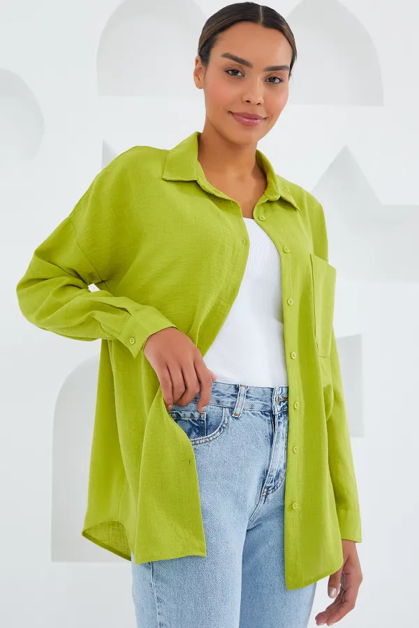 Chemise oversize en lin à poche unique 20153 - Vert pétrole
