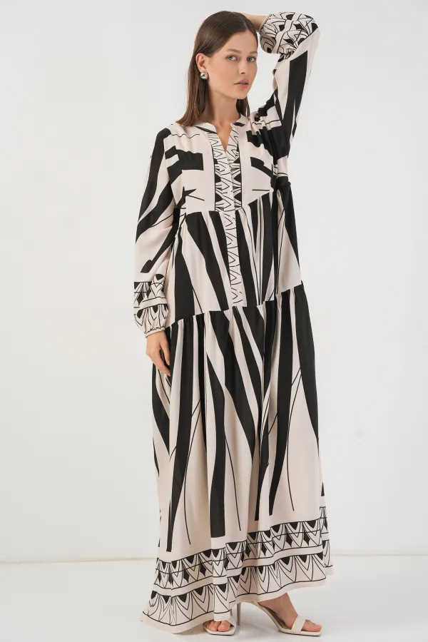 Robe longue hijab à motifs pour femme 2585 - Noir