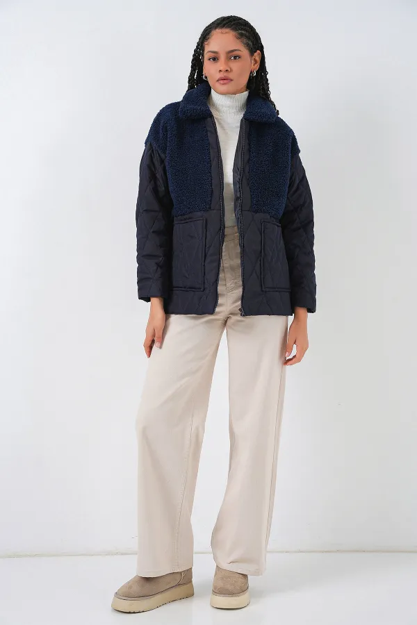 5182 Peluş Detaylı Oversize Şişme Mont - Lacivert