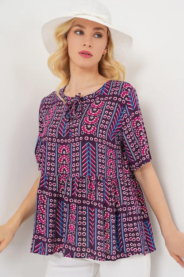 Kadın Desenli Kısa Kol Bluz 969 - Bordo