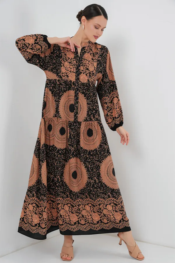 Robe hijab à motifs authentiques 2423 - Noir - Beige