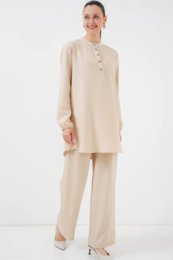 6678 Keten Tunik Pantolon İkili Takım - Bej