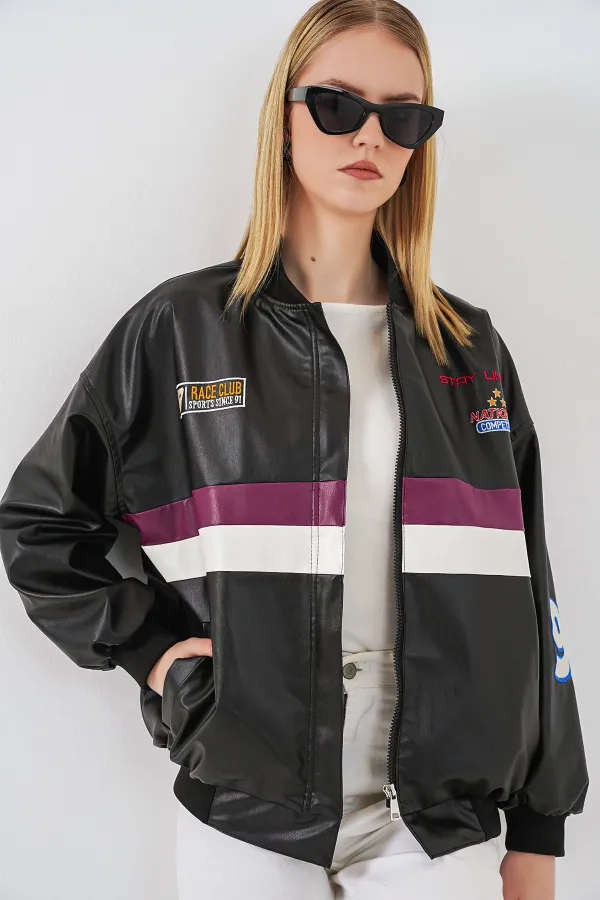 0698 Printed Faux Leather Bomber Jacket - Black - Purple