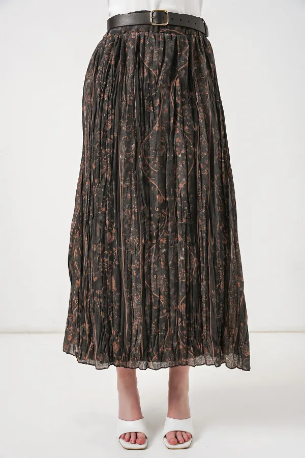 Kadın Kemerli Desenli Etek 8074 - Füme