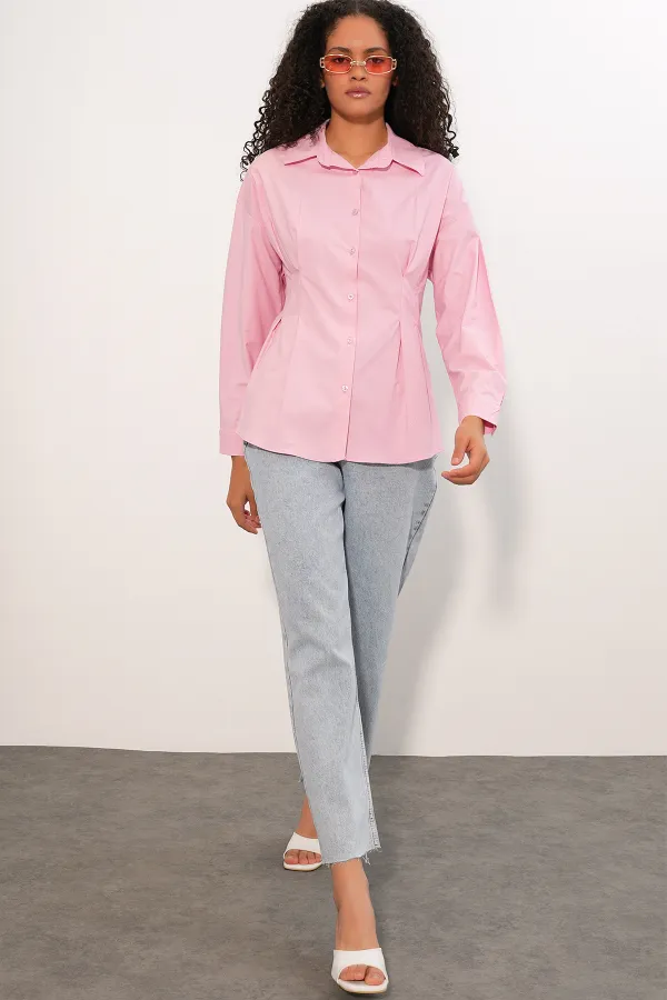 Kadın Belden Oturtmalı Poplin Gömlek 20384 - Pembe