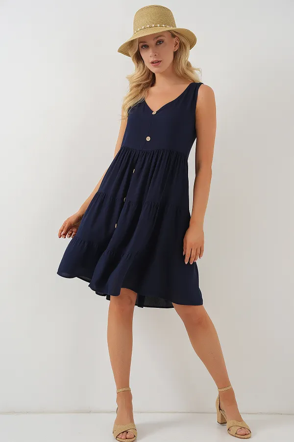 Women's Sleeveless Button-Down Short Dress 2571 - Navy Blue