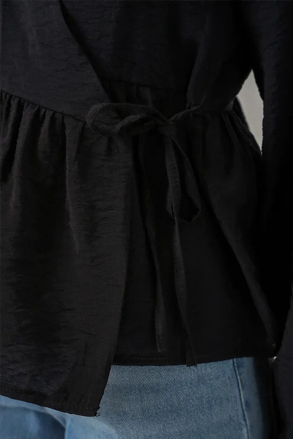 Kadın Yandan Bağlamalı Uzun Kollu Bluz 996 - Siyah