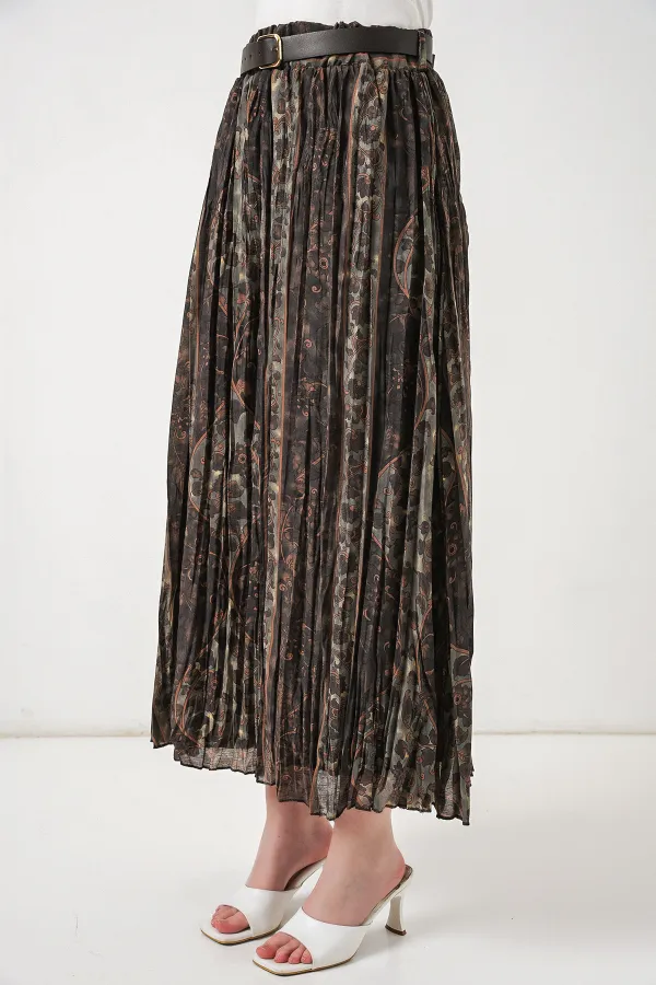 Kadın Kemerli Desenli Etek 8074 - Çağla