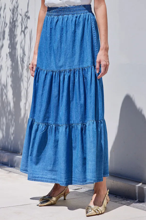 Jupe longue en jean à volants 8022 - Bleu marine