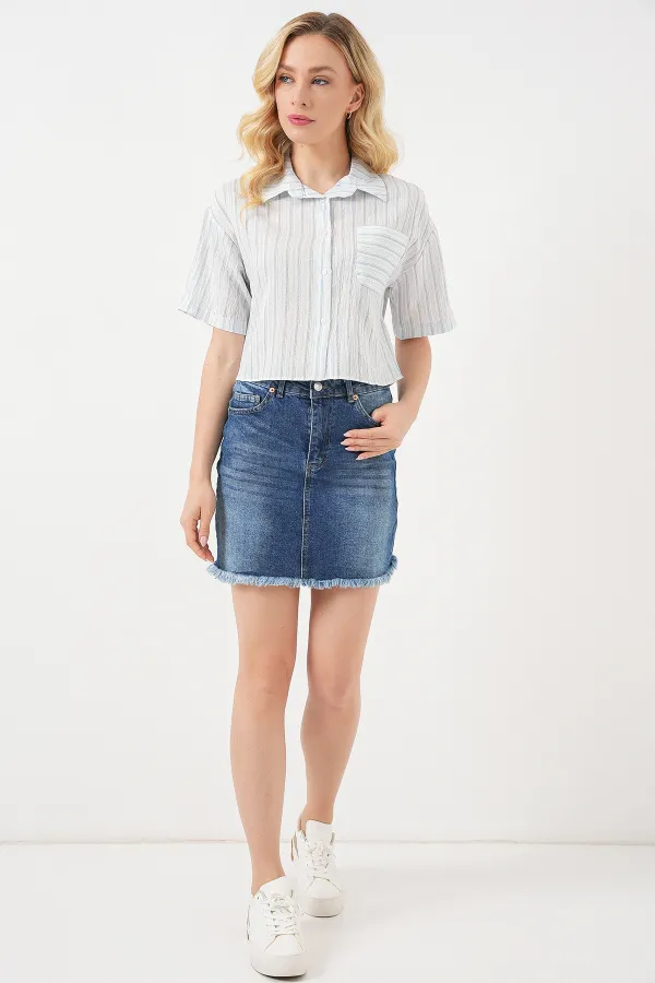 Women's Striped Crop Shirt 20342 - Light Blue