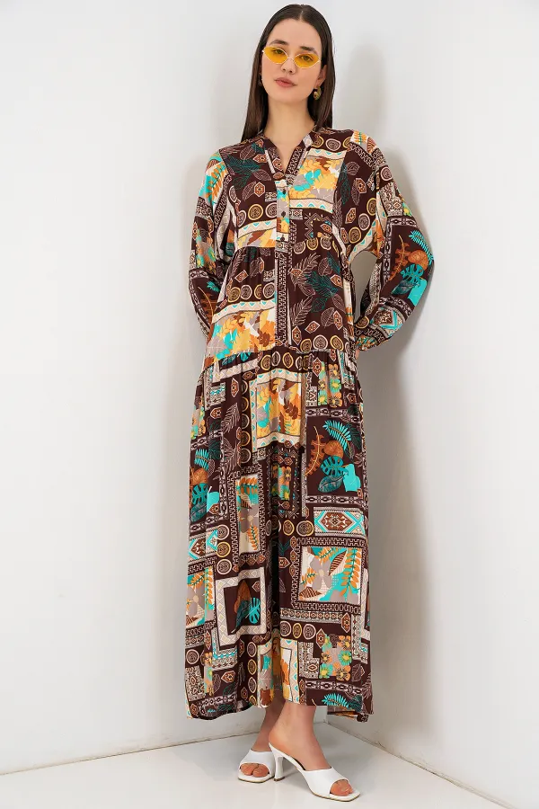 Kadın Desenli Uzun Tesettür Elbise 2585 - D.Kahve