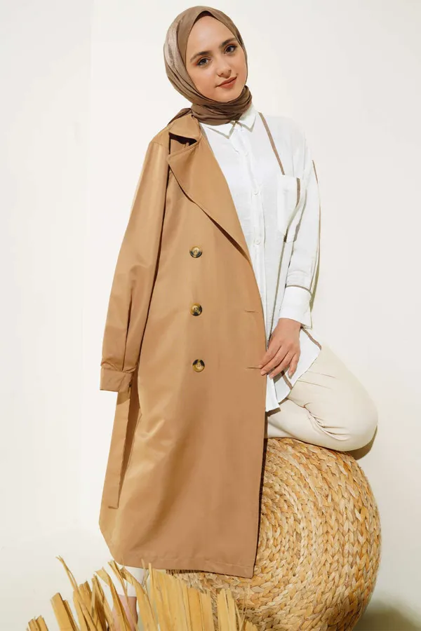 T5853 Double Breasted Hijab Trench Coat - Tan T5853 Double Breasted Hijab Trench Coat - Tan