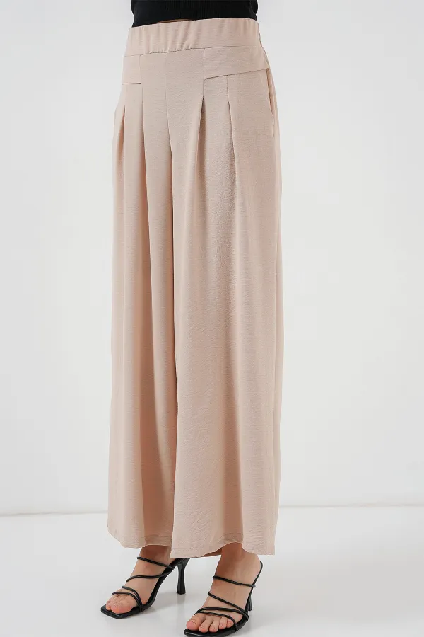 Kadın Geniş Paça Pileli Pantolon 6718 - Krem