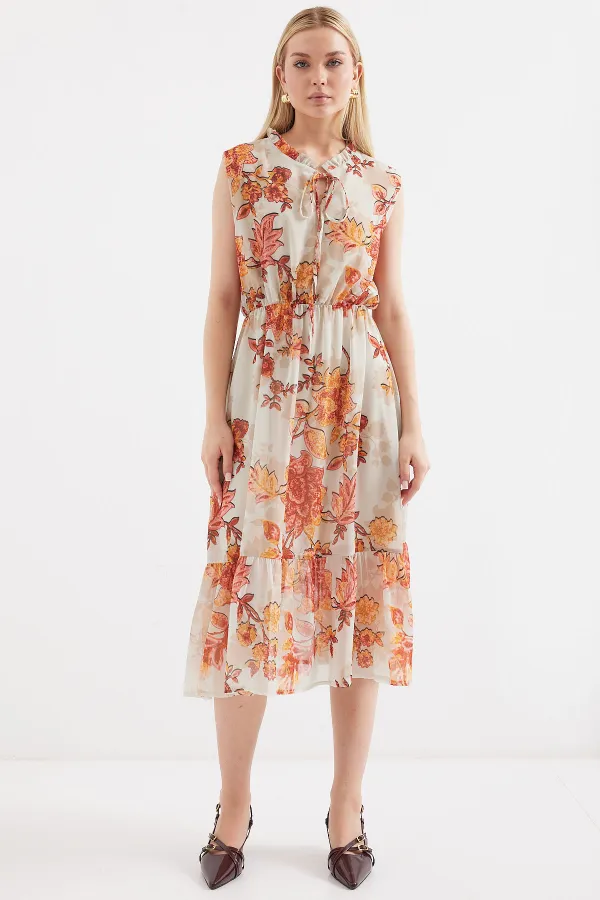 2503 Patterned Zero Sleeve Chiffon Dress - Brick