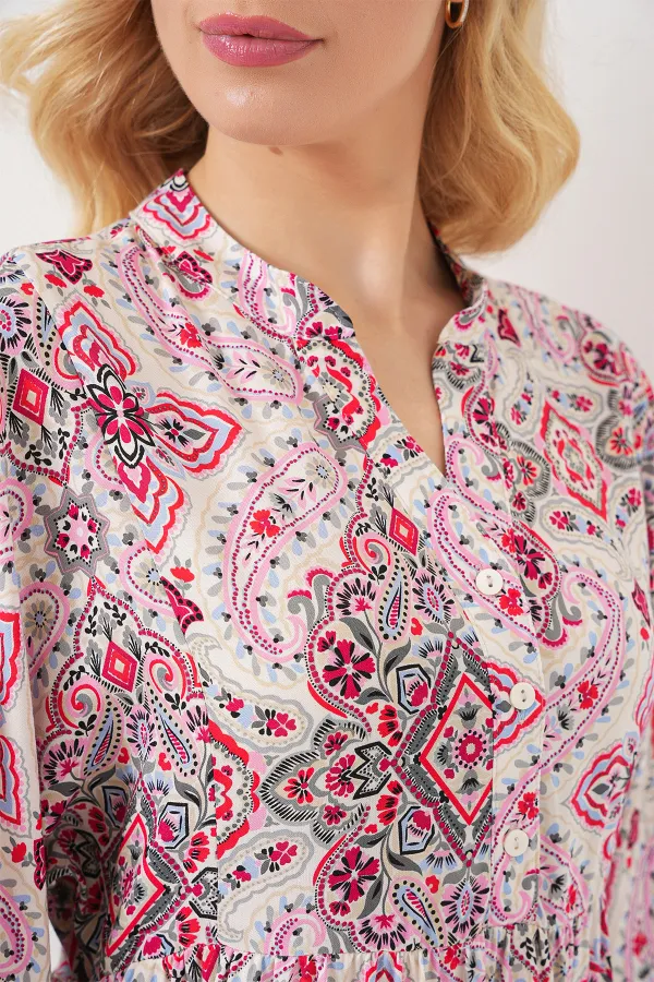 Kadın Desenli Kısa Kol Elbise 2562 - Kırmızı