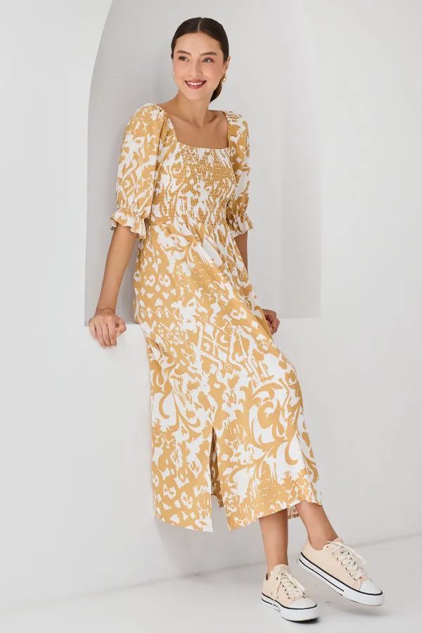 2512 Patterned Slit Dress - Yellow