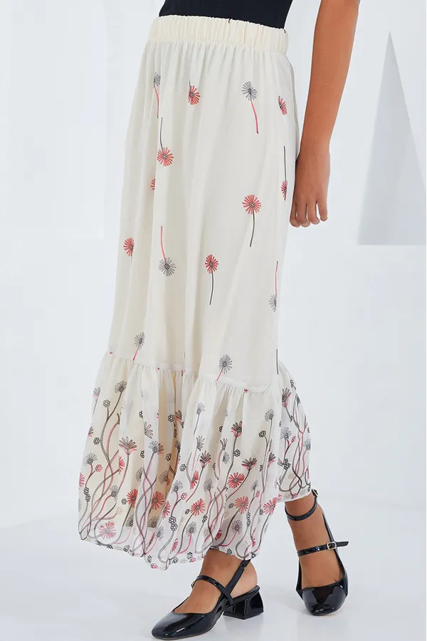 Kadın Ekru Desenli Şifon Etek 8010