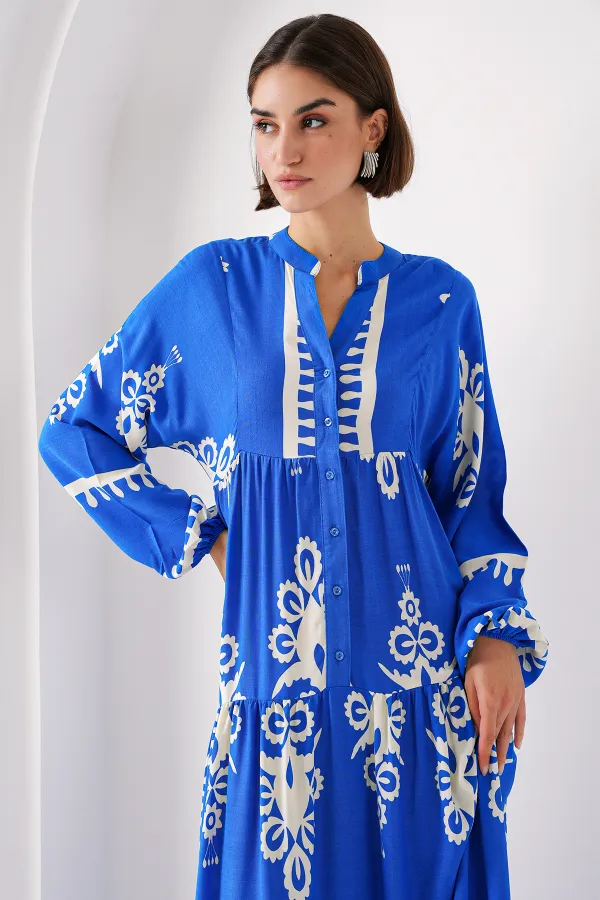 Robe hijab authentique à motifs 2423 - Blanc - Bleu marine