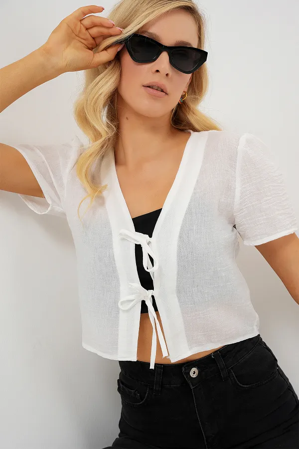 Chemisier court à manches courtes pour femme 958 - Blanc