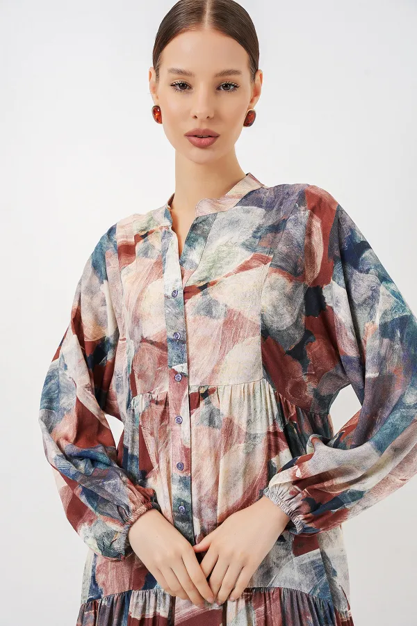 Kadın Desenli Uzun Tesettür Elbise 2585 - A. Kiremit