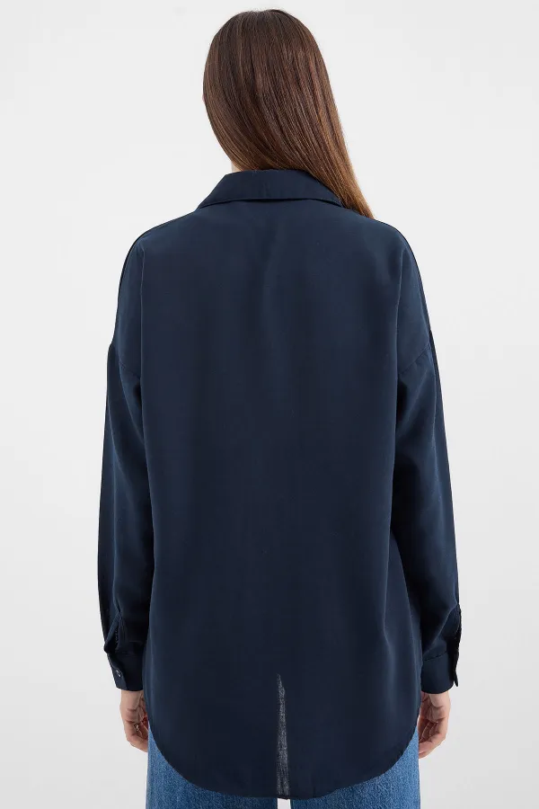 20153 Single Pocket Oversize Linen Shirt - Navy Blue 20153 Single Pocket Oversize Linen Shirt - Navy Blue