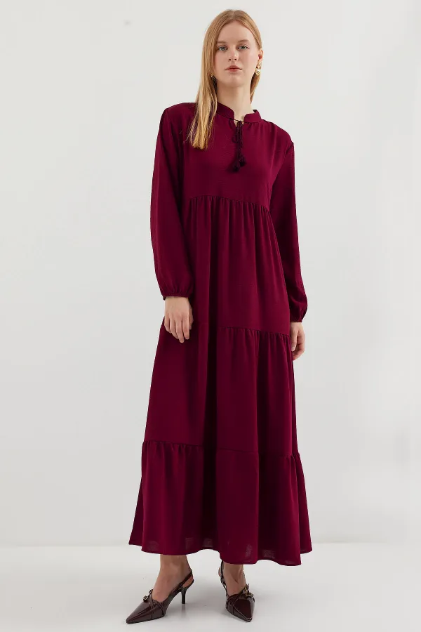 1627 Collar-Tie Hijab Dress - D. Burgundy