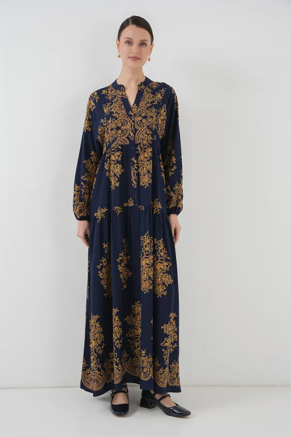 Robe hijab bleu marine à motifs dorés 2423
