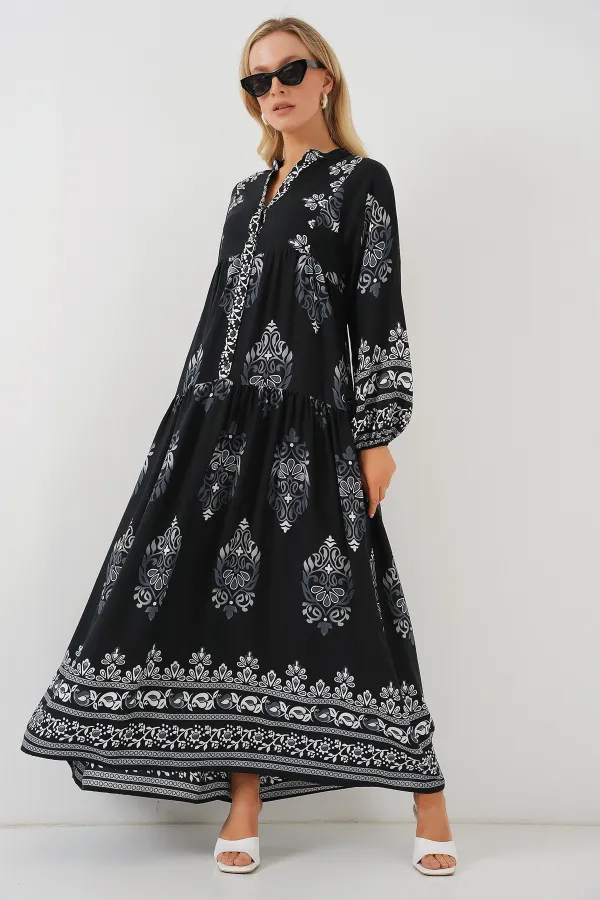 Robe hijab à motifs authentiques 2423 - Noir 11 Robe hijab à motifs authentiques 2423 - Noir 11