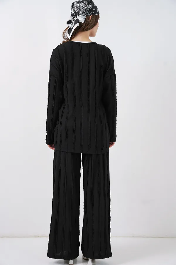 Kadın Örme Kimono Pantolon İkili Takım 30067 - Siyah