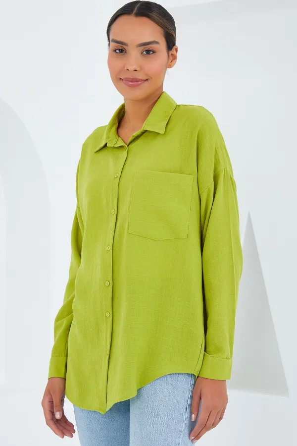 Chemise oversize en lin à poche unique 20153 - Vert pétrole