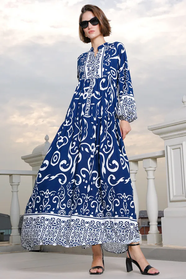 Robe hijab à motifs authentiques 2423 - Bleu marine