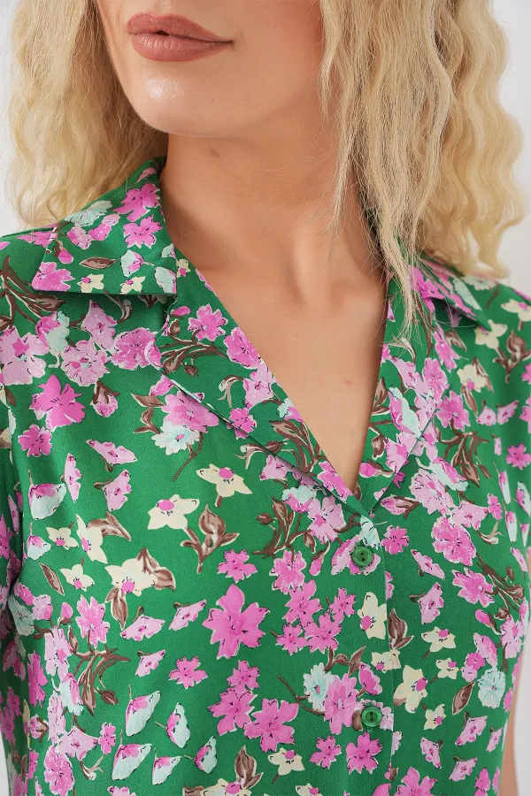 Women's Buttoned-Down Short Sleeve Floral Dress 2561 - Green