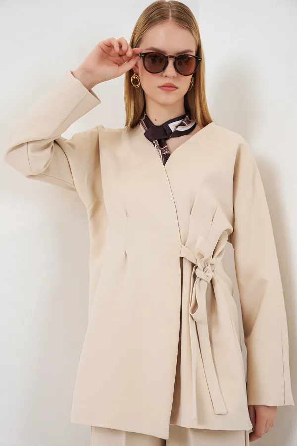 Kadın Yandan Bağlamalı Ceket Pantolon İkili Takım 30099 - Krem