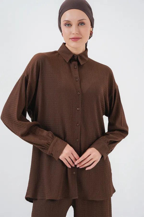 Women's Knitted Hijab Top and Bottom Set 6711 - Brown