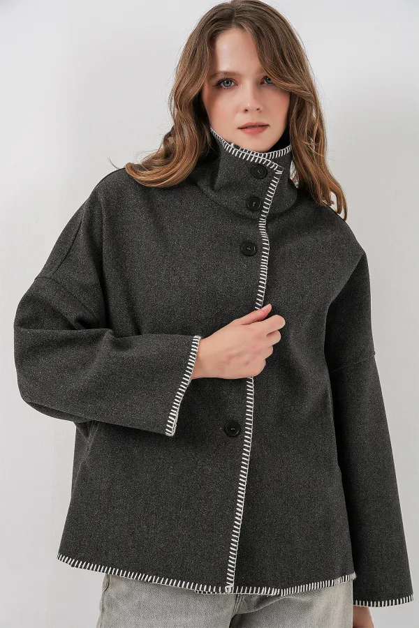 Kadın Nakışlı Kaşe Ceket 9167 - Antrasit