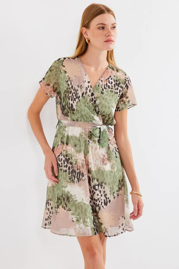 2502 Kısa Kol Desenli Şifon Elbise - Çağla