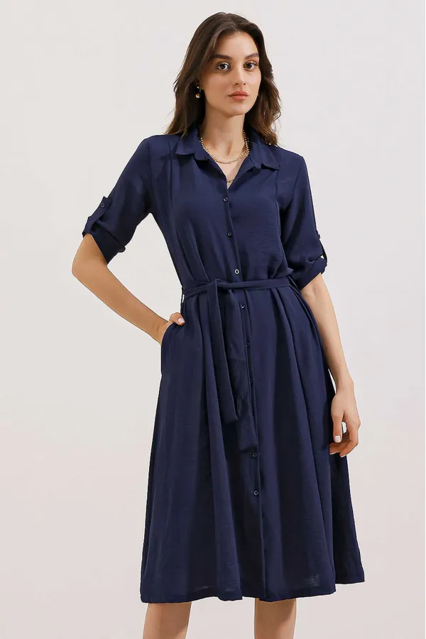 Robe-chemise bleu marine ceinturée pour femme 2442