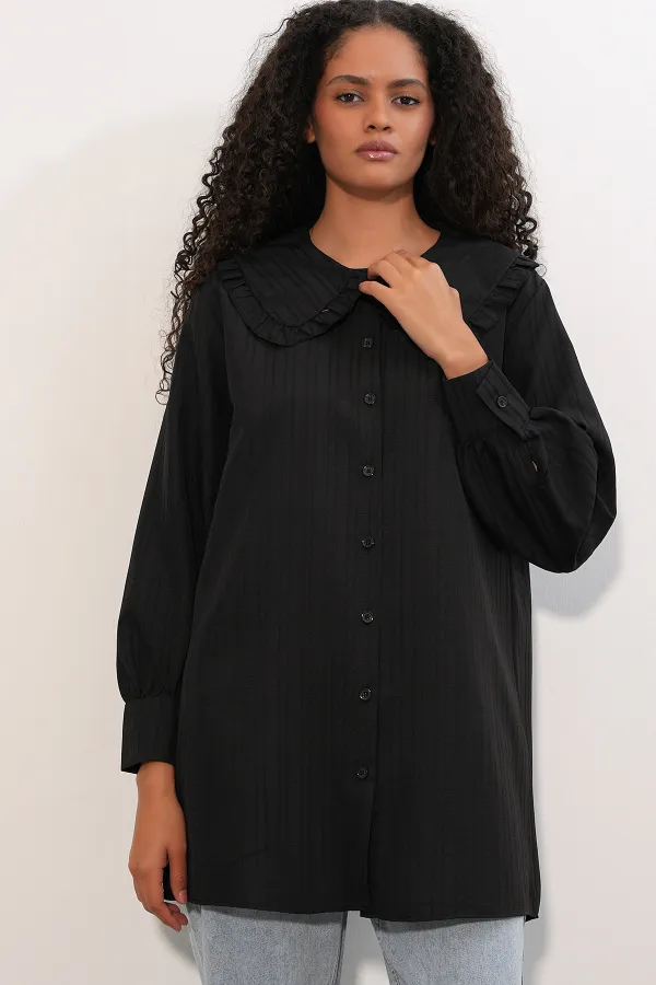 Women's Wide Collar Ruffle Detail Striped Tunic Shirt 5993 - Black