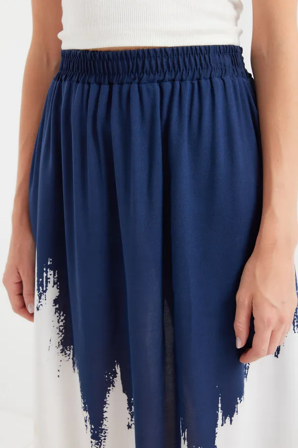 8025 Patterned Long Viscose Skirt - Navy Blue