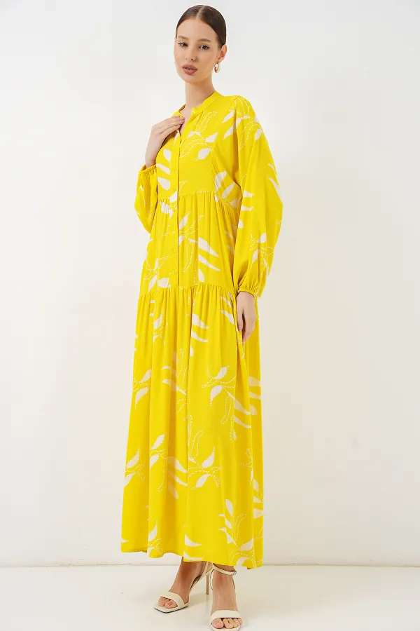 Kadın Desenli Uzun Tesettür Elbise 2585 - A.Sarı