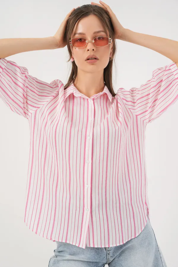 Kadın Çizgili Kısa Kol Gömlek 20345 - Pudra