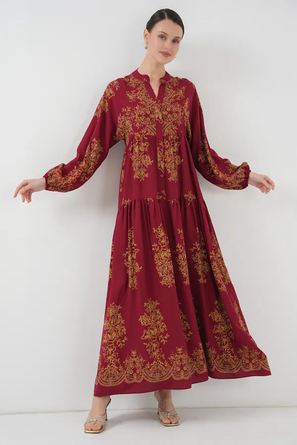 Robe hijab bordeaux à motifs dorés 2423