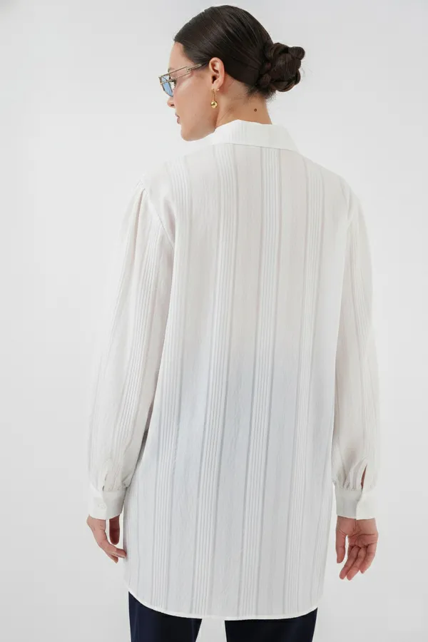 Çizgili Uzun Gömlek Tunik 5947 - Beyaz