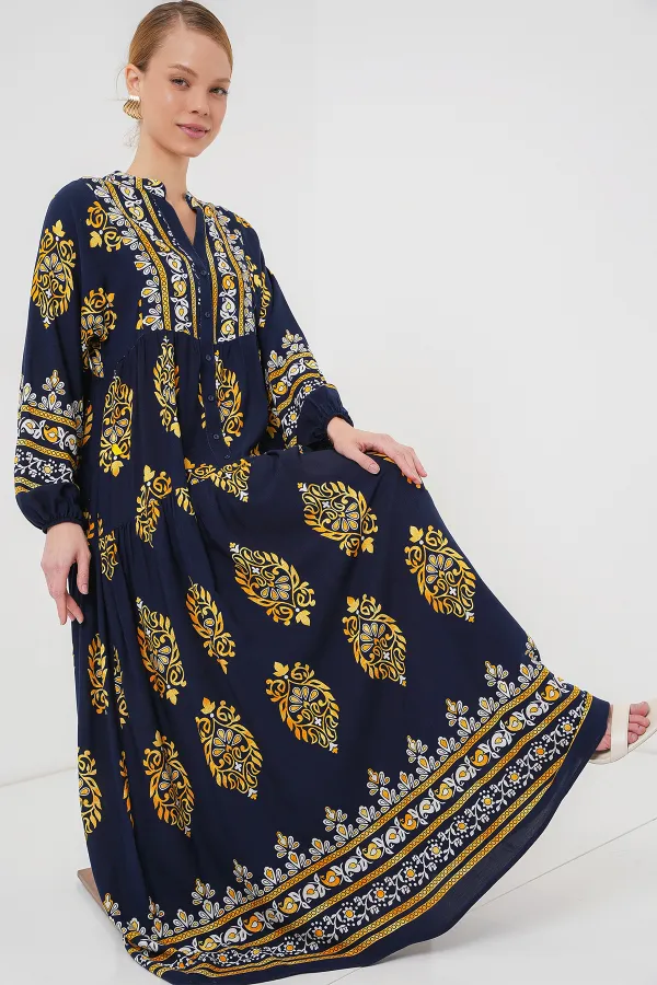 Robe hijab à motifs authentiques 2423 - Bleu marine 2
