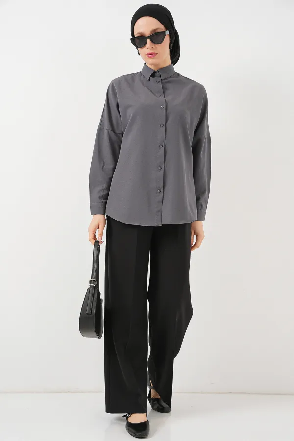 103901 Oversize Basic Tesettür Gömlek - Gri 103901 Oversize Basic Tesettür Gömlek - Gri