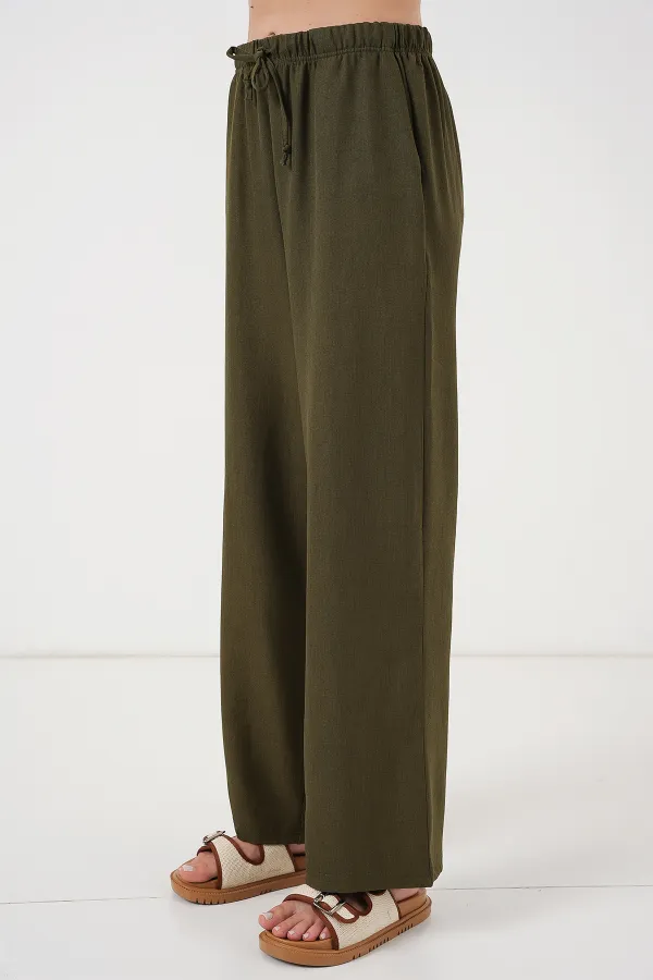 Women's Wide Leg Linen Trousers 6735 - Khaki