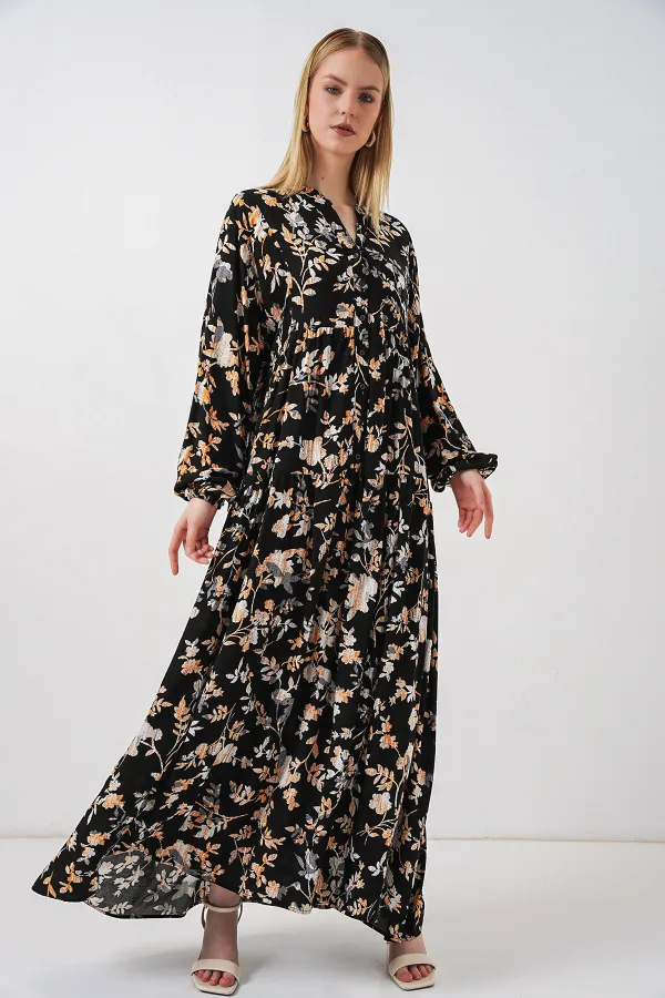 Women's Patterned Long Hijab Dress 2585 - V. Black